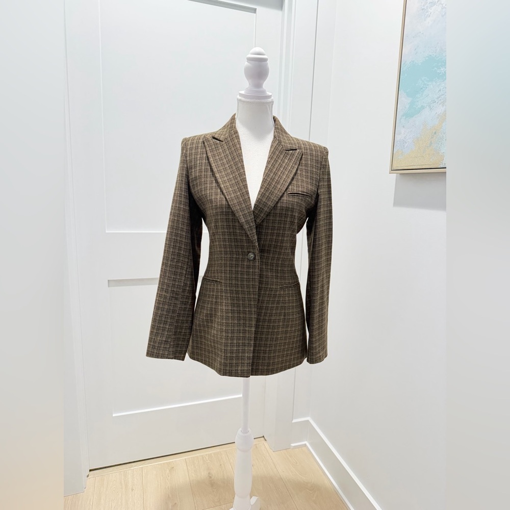 Vintage Ron Leal 100% wool olive khaki plaid tailored blazer size 2